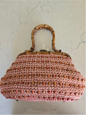 Vintage Gaymode Made in Japan Pink Raffia Bamboo Handle Handbag